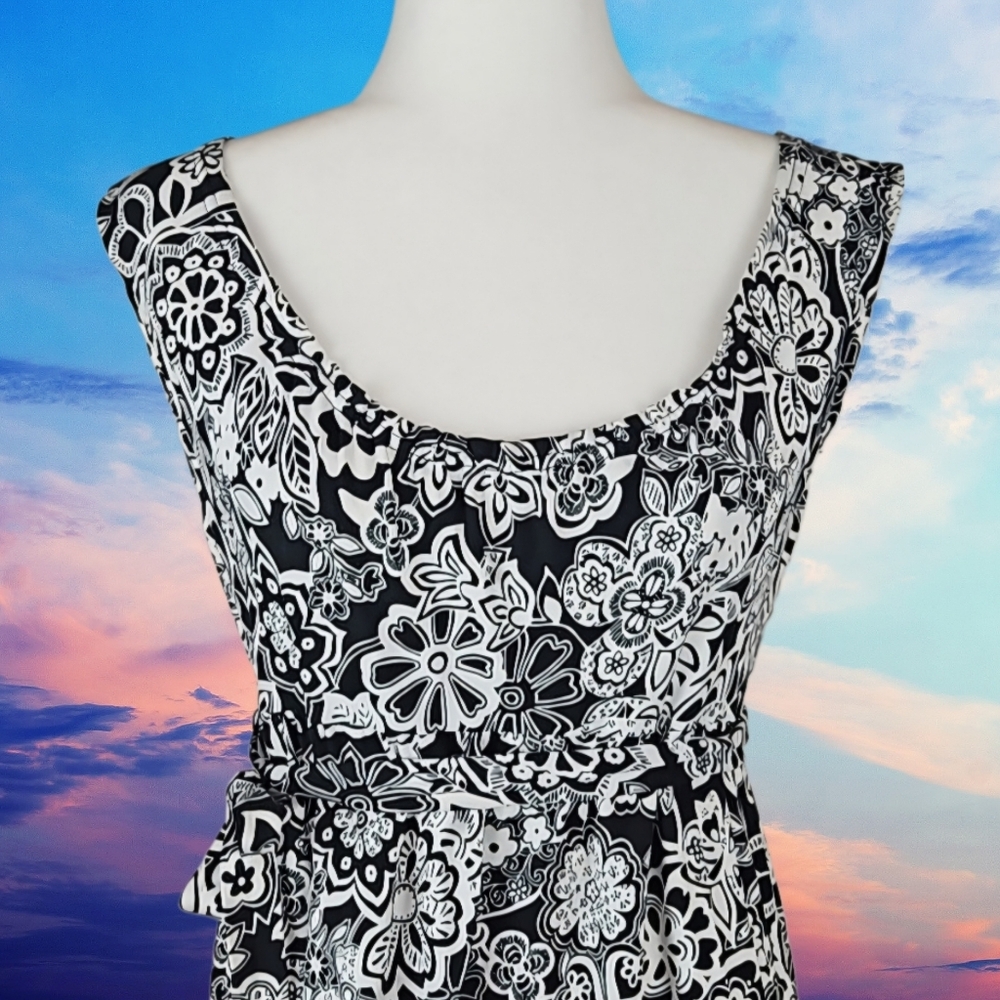 Black White Floral Dress Matching Belt Ann Taylor LOFT, M - Picture 2 of 6